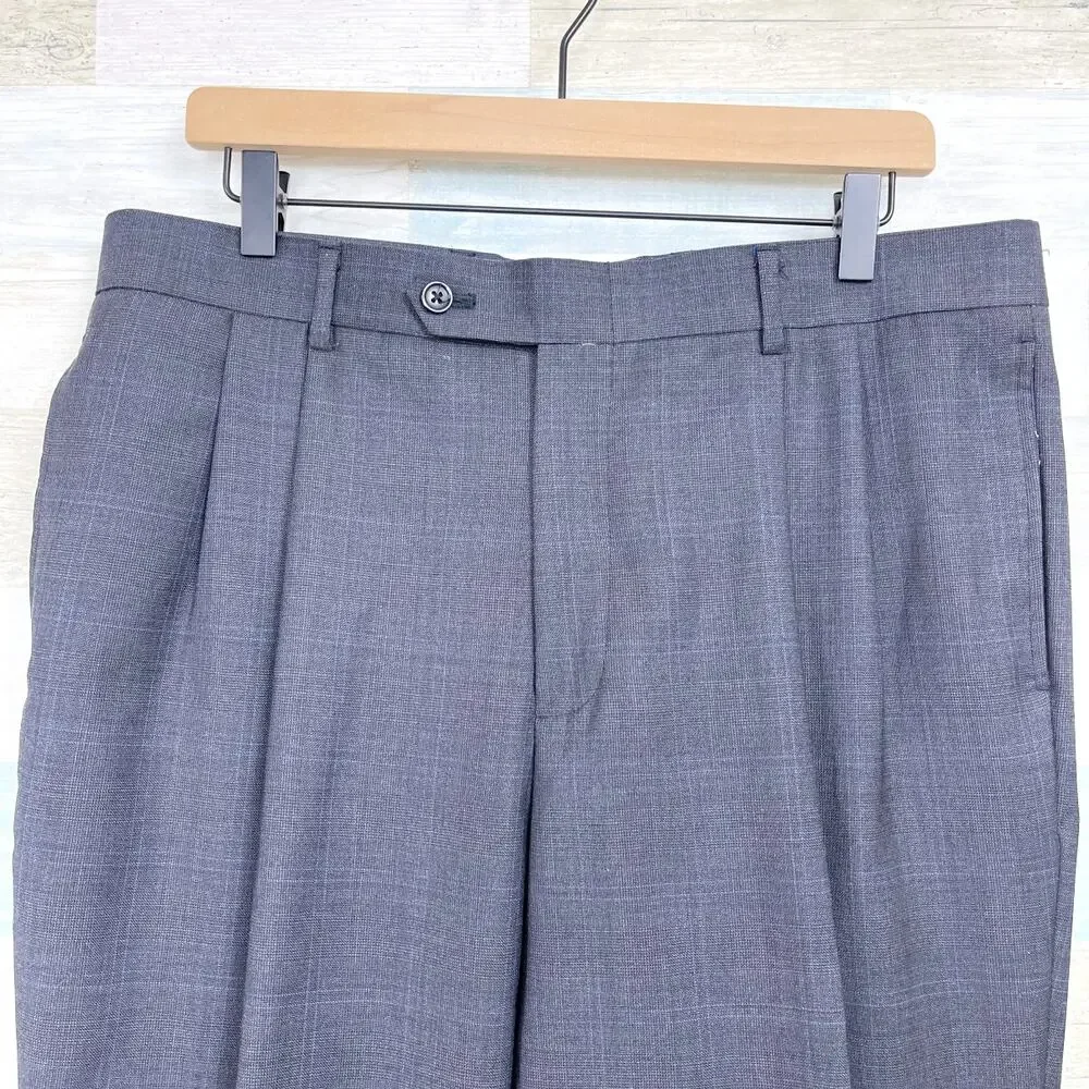 Nautica Wool Windowpane Suit Gray Two Button Mens 42L Jacket 36W Pleated Pants
